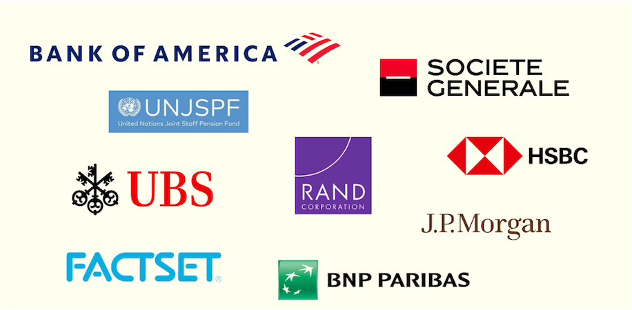 Entelligent partner logos: Bank of America, Societe Generale, UNJSPF, HSBC, RAND Corporation, UBS, FactSet, BNP Paribas, J.P. Morgan.