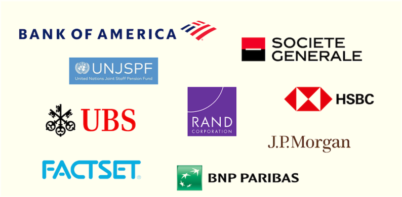 Entelligent partner logos: Bank of America, Societe Generale, UBS, FactSet, RAND Corporation, UNJSPF, J.P. Morgan, BNP Paribas